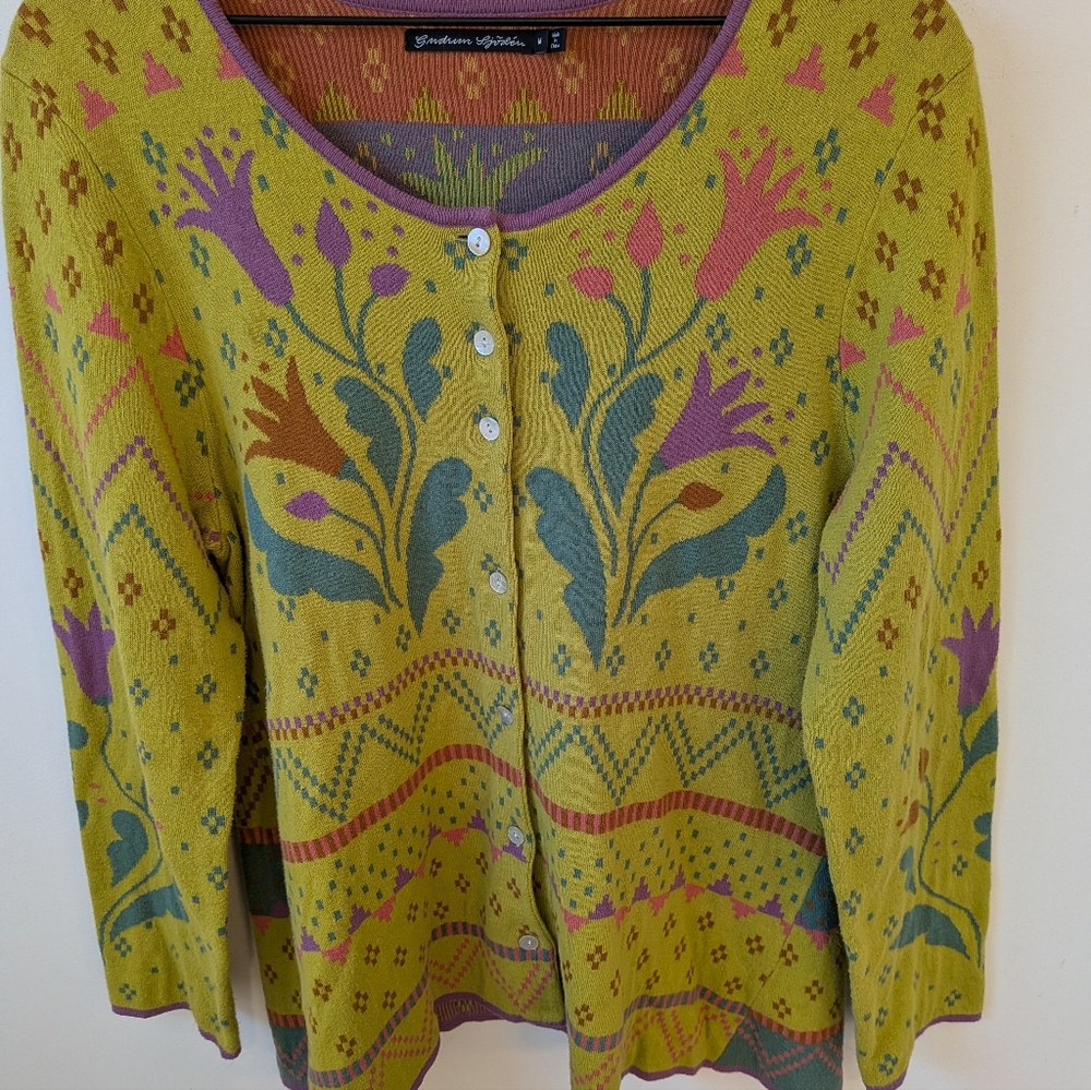 Gudrun Sjoden Women's Green Multicolor Organic Cotton Cardigan Sweater Medium - Picture 2 of 7